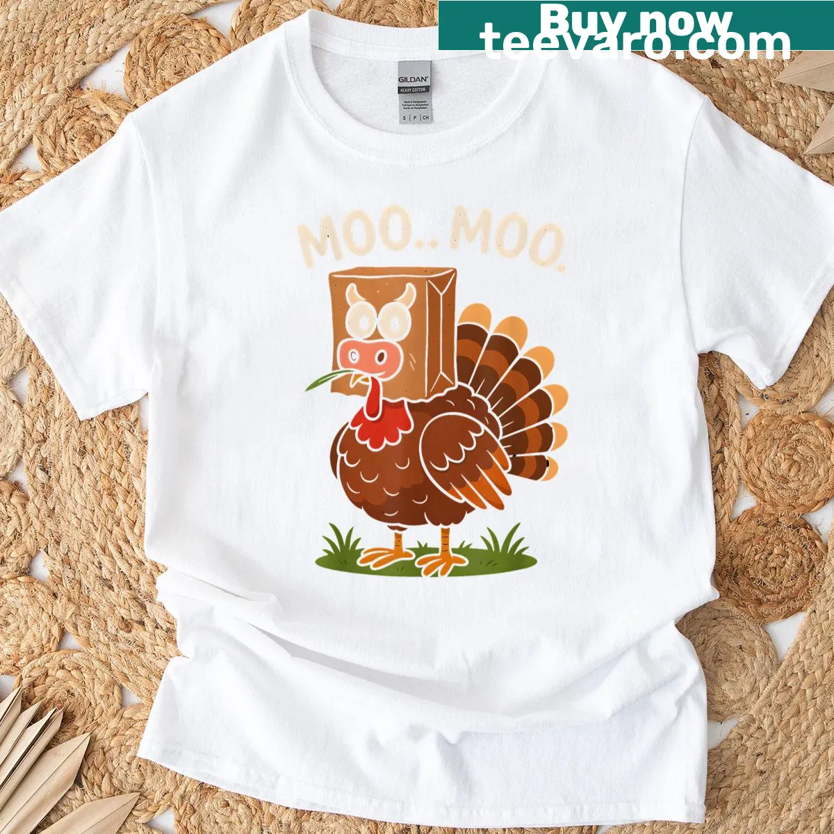 Funny Thanksgiving shirt with cow and turkey graphic and text — on a men's t-shirt