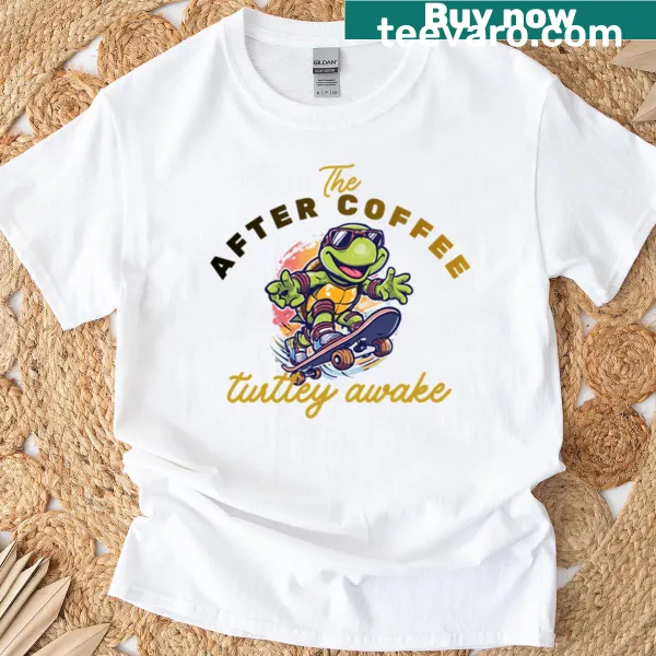 Cute cartoon turtle on a skateboard with a coffee cup