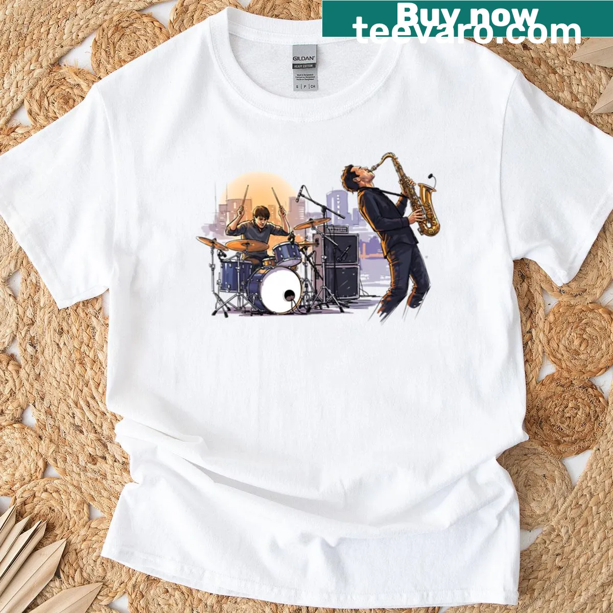 T-shirt featuring an urban and natural rhythm illustration — on a men's t-shirt