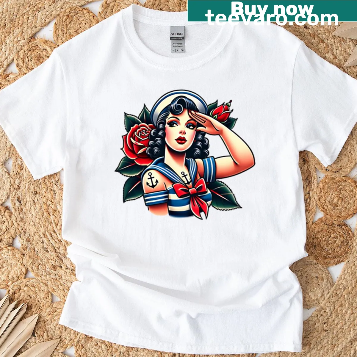 Vintage sailor girl T-shirt with red roses and anchor illustration — on a men's t-shirt