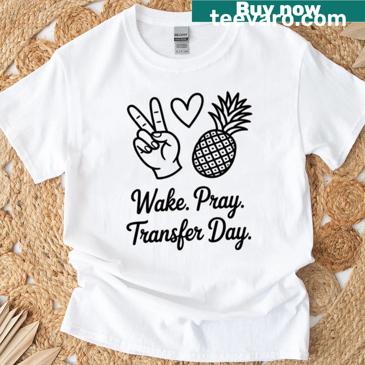 Humorous typography design featuring 'Wake Pray Transfer Day'. — on a men's t-shirt