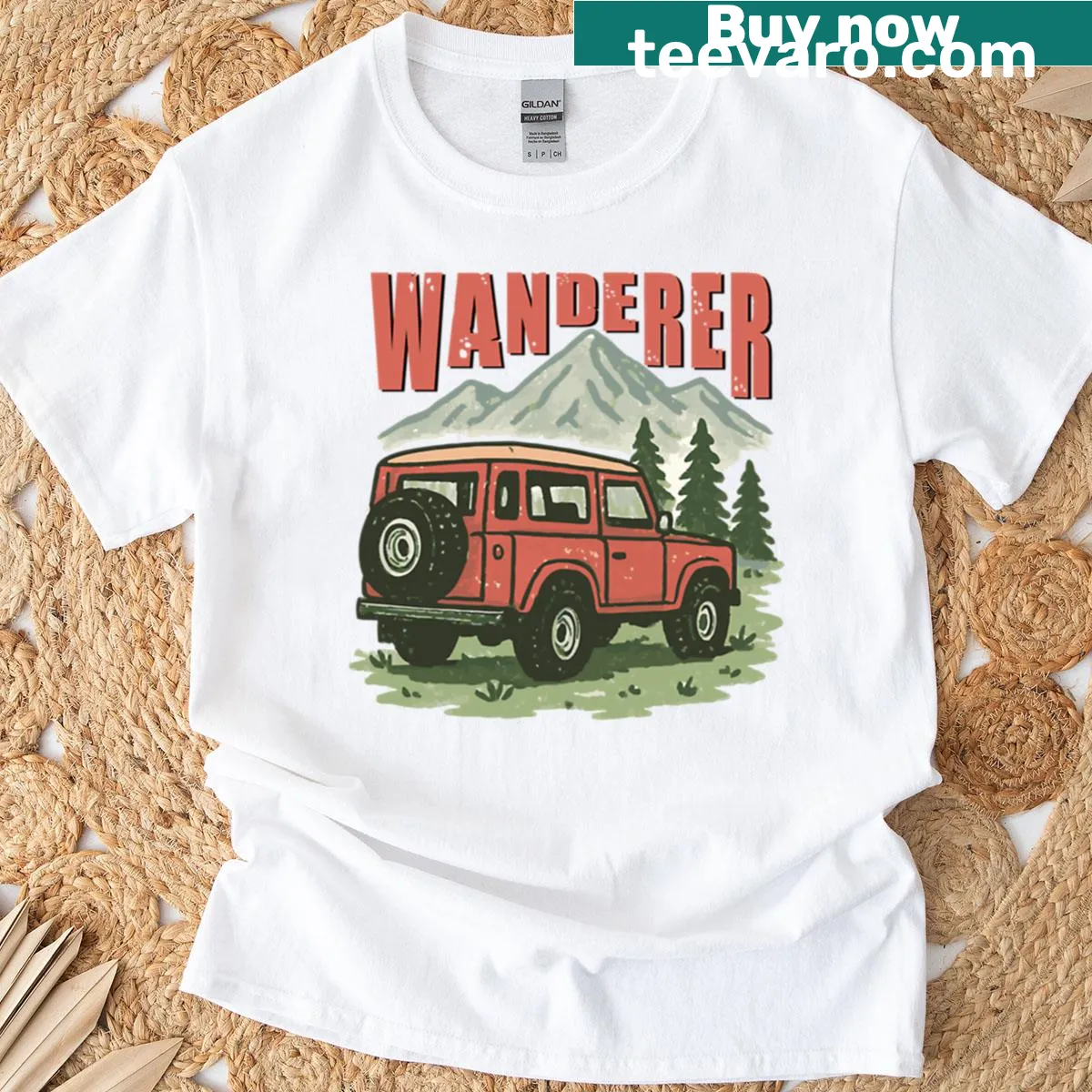 Vintage-style t-shirt with an offroad car and mountain graphic — on a men's t-shirt