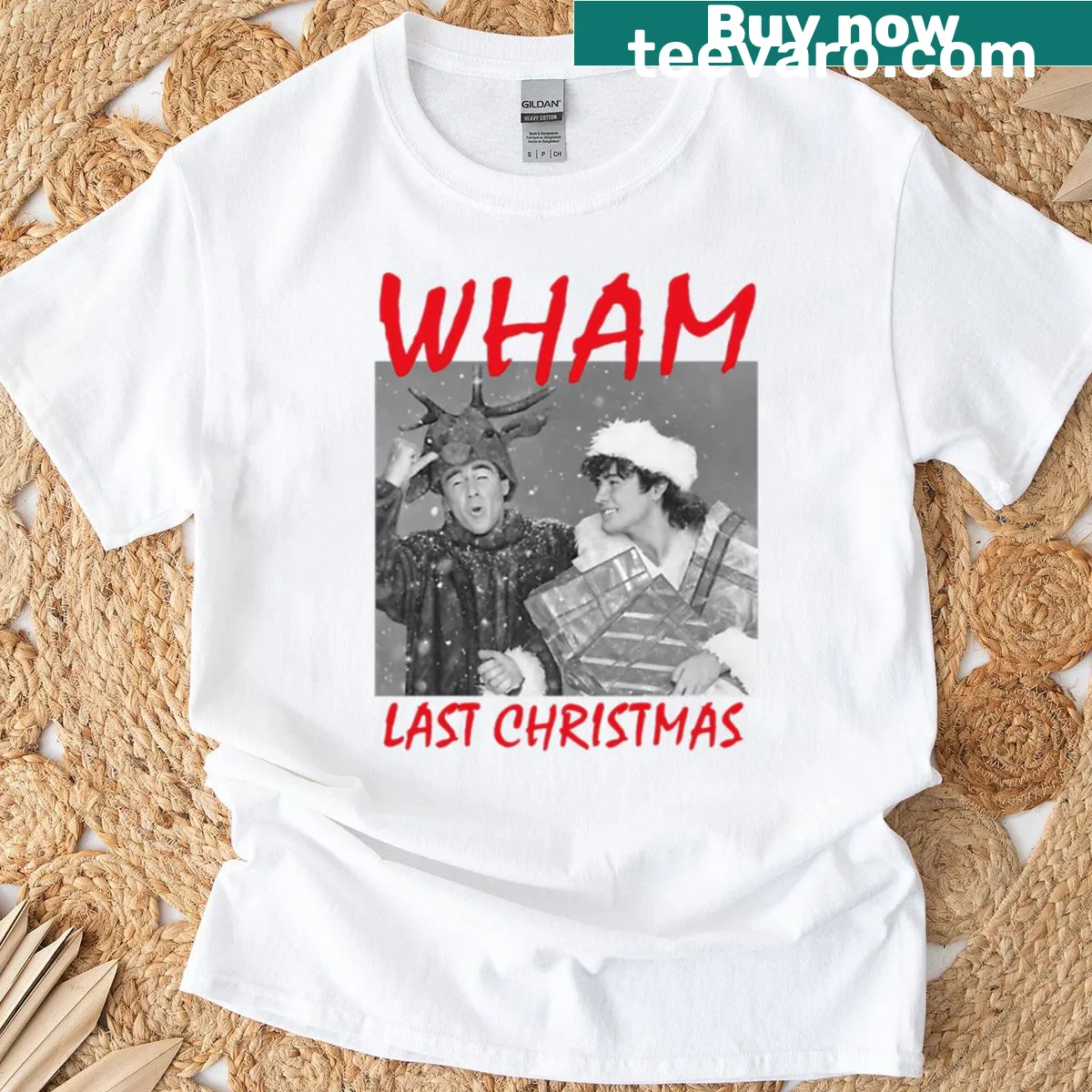 Retro 80s Christmas T-shirt featuring Wham's Last Christmas lyrics — on a men's t-shirt