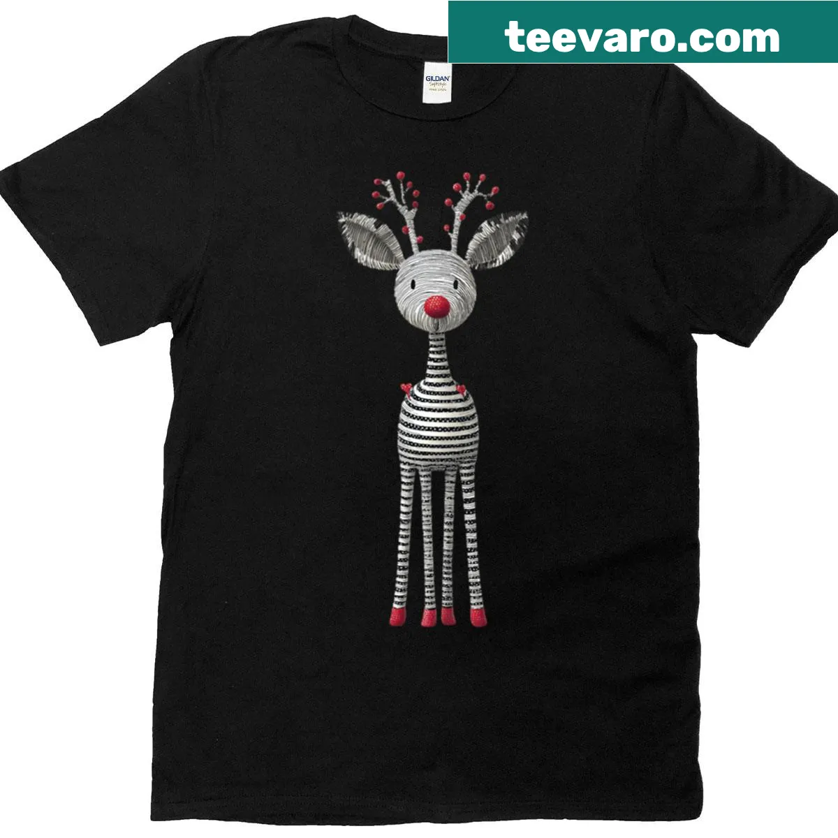 Modern illustration of a whimsical striped reindeer with a red nose — on a men's t-shirt