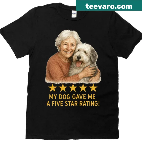 Illustration of a white-haired woman with a sheepdog on a t-shirt