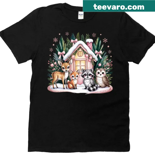 Cute Christmas illustration with woodland animals around a cottage