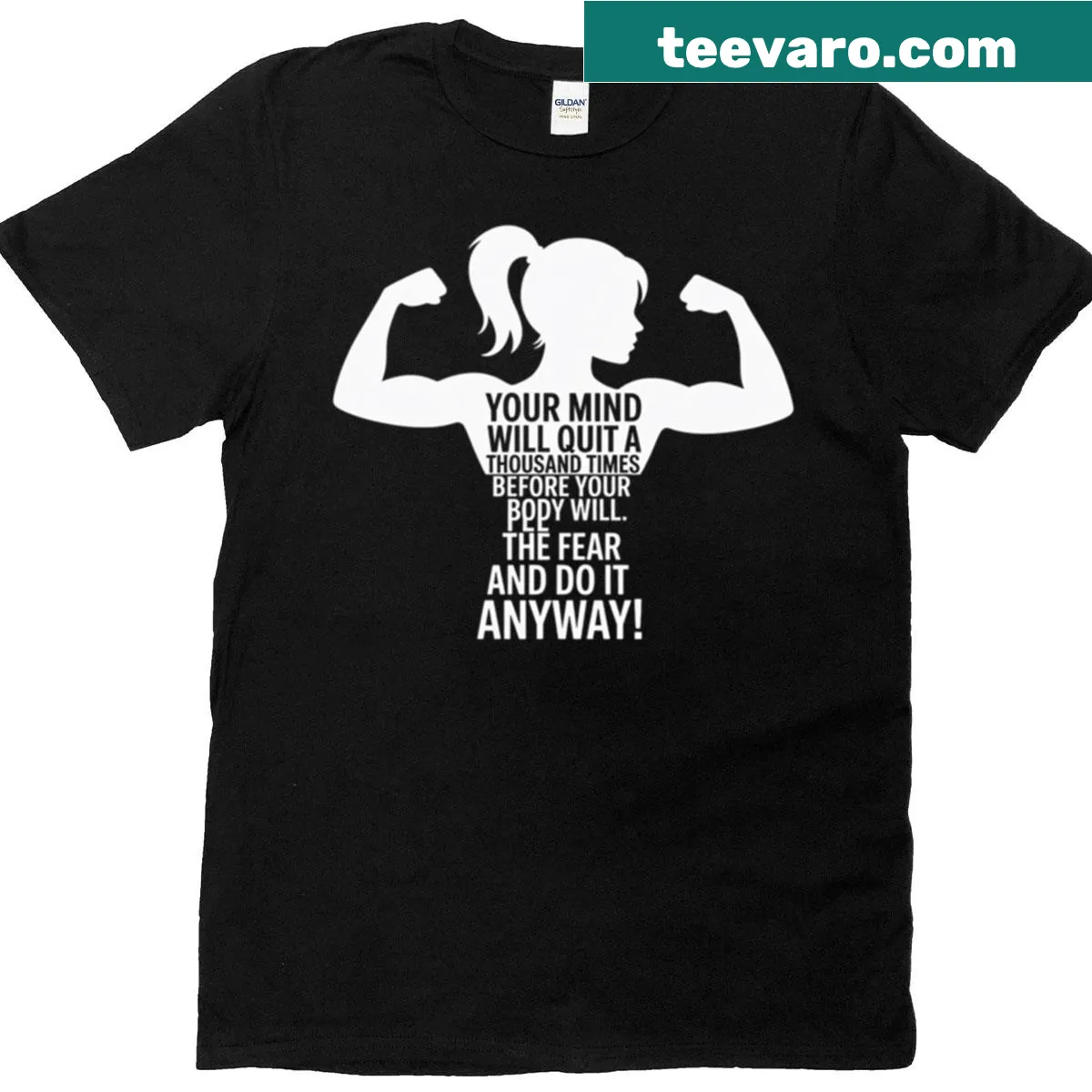 Motivational workout typography design on women's fitness t-shirt — on a men's t-shirt