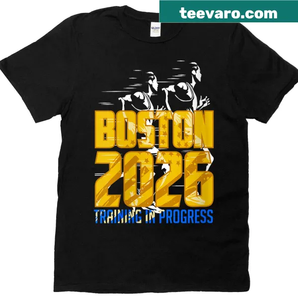 Training-themed T-shirt for women with Boston 2026 message