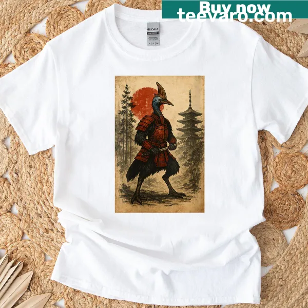 Vintage graphic T-shirt featuring a cassowary samurai warrior in Ukiyo-e style