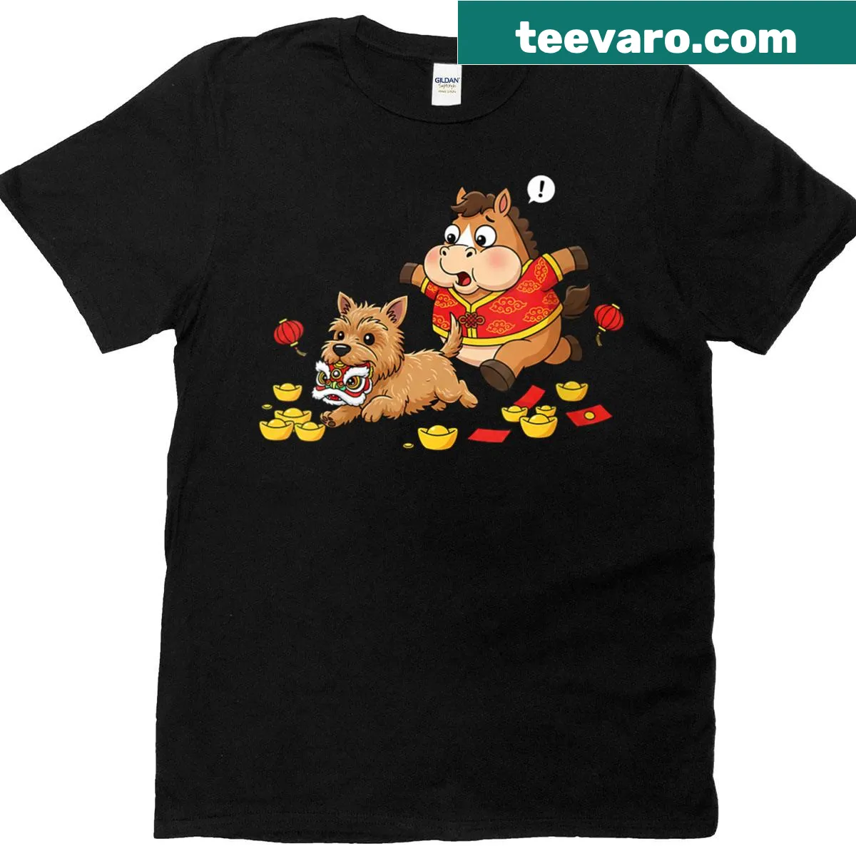 Happy New Year T-shirt with Chinese horse and Cairn Terrier illustration — on a men's t-shirt