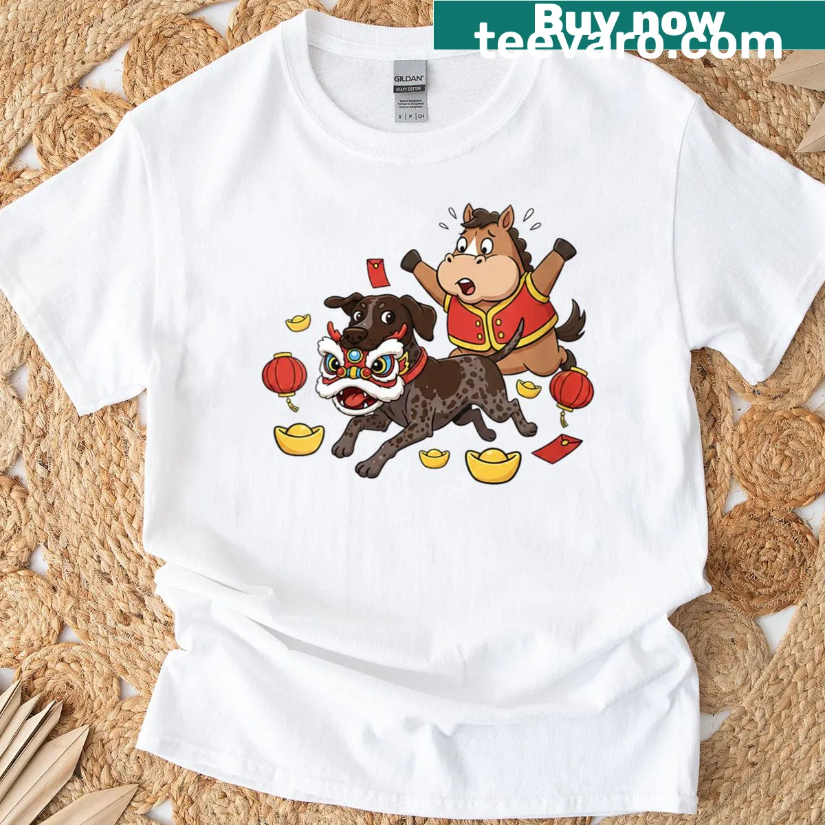 Happy New Year T-shirt featuring a horse and dog illustration — on a men's t-shirt