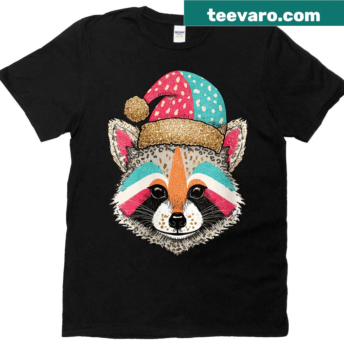 Cartoon raccoon T-shirt with festive hat graphic — on a men's t-shirt