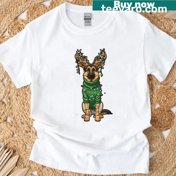 Festive tee with a German Shepherd dressed as a reindeer