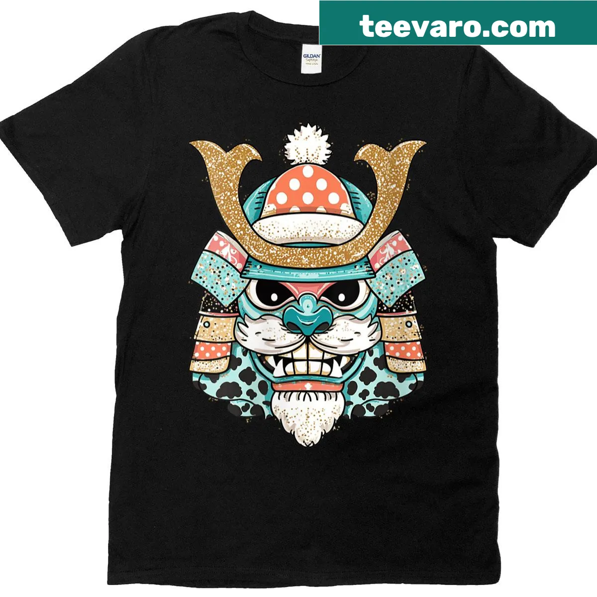 Bold samurai warrior with leopard helmet illustration on women's t-shirt — on a men's t-shirt
