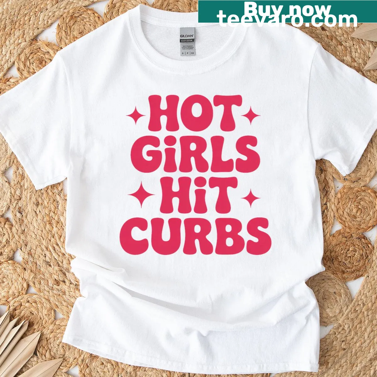 T-shirt with the phrase 'Hot Girls Hit Curbs' in bold text — on a men's t-shirt