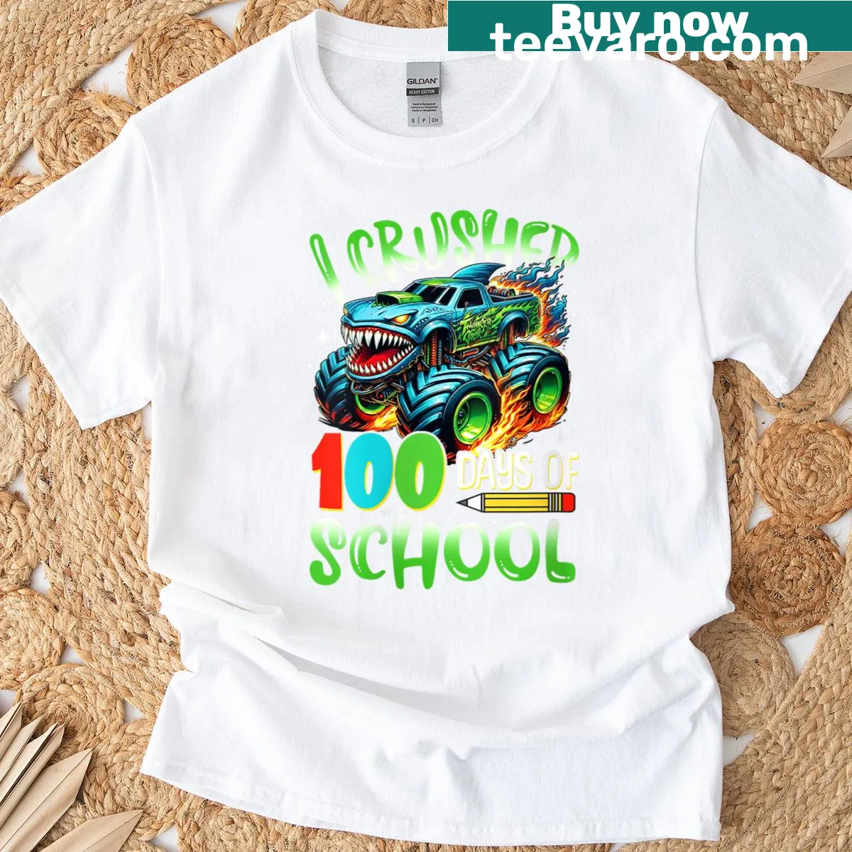 Illustrated t-shirt with 'I Crushed 100 Days Of School' and a truck — on a men's t-shirt
