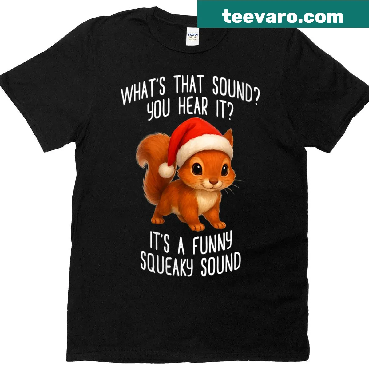 Funny Christmas squirrel making a squeaky sound graphic — on a men's t-shirt