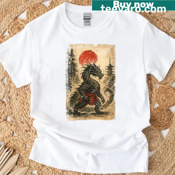 Vintage graphic T-shirt featuring a Japanese dragon samurai warrior in Ukiyo-e style