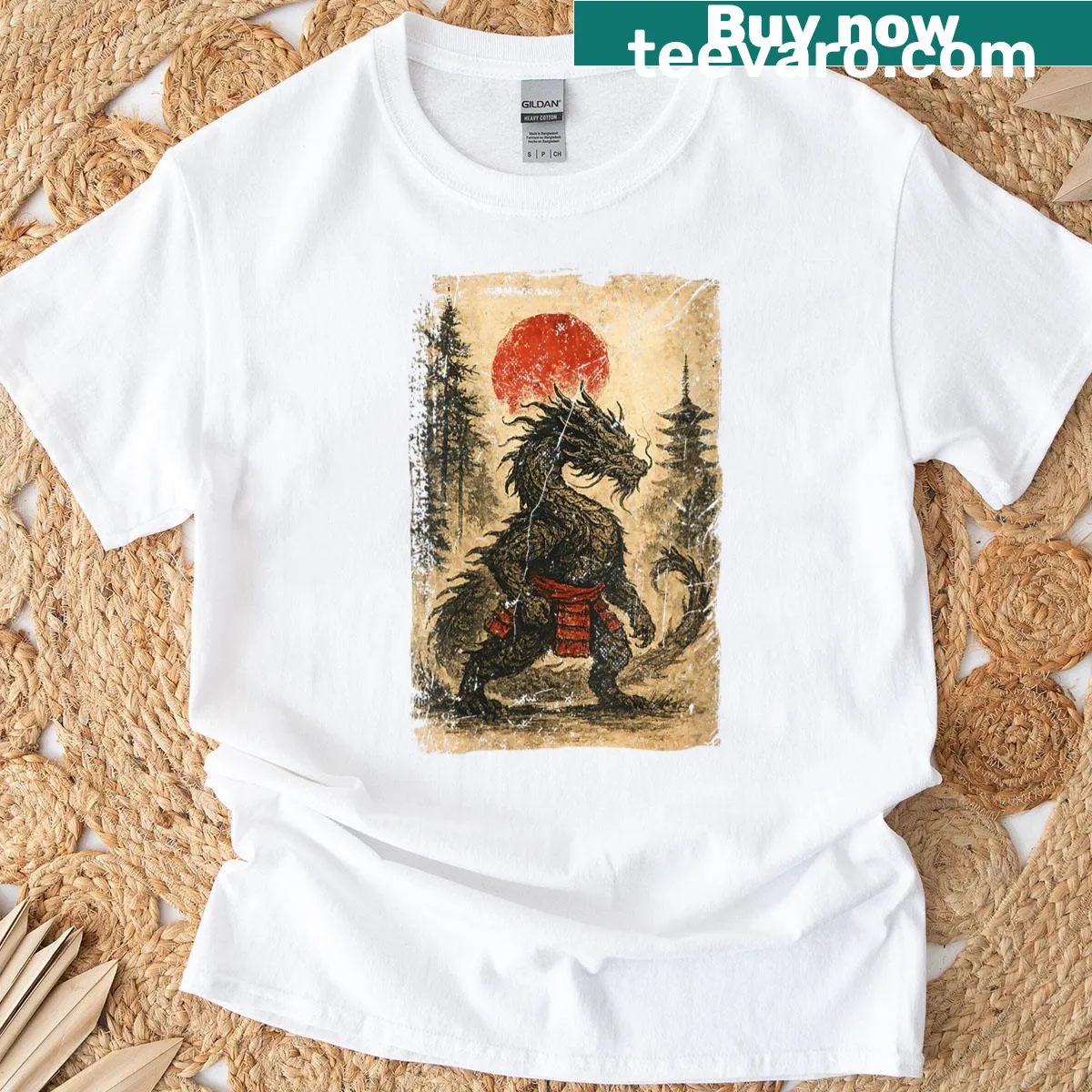 Vintage graphic T-shirt featuring a Japanese dragon samurai warrior in Ukiyo-e style — on a men's t-shirt