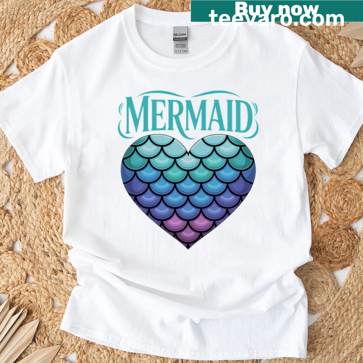 Cute mermaid-themed T-shirt with fish tail and shell graphics — on a men's t-shirt