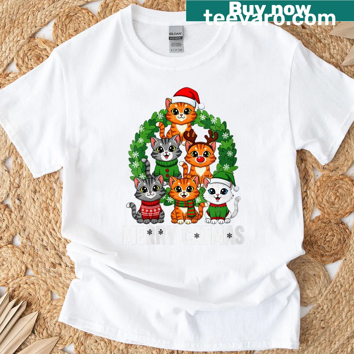 Whimsical Christmas design featuring cats and playful text. — on a men's t-shirt