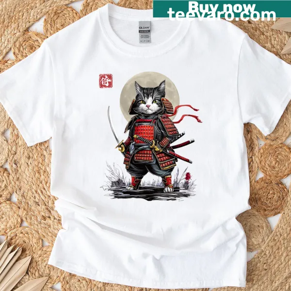 Illustrated t-shirt featuring a mystical cat samurai under a moonlit sky