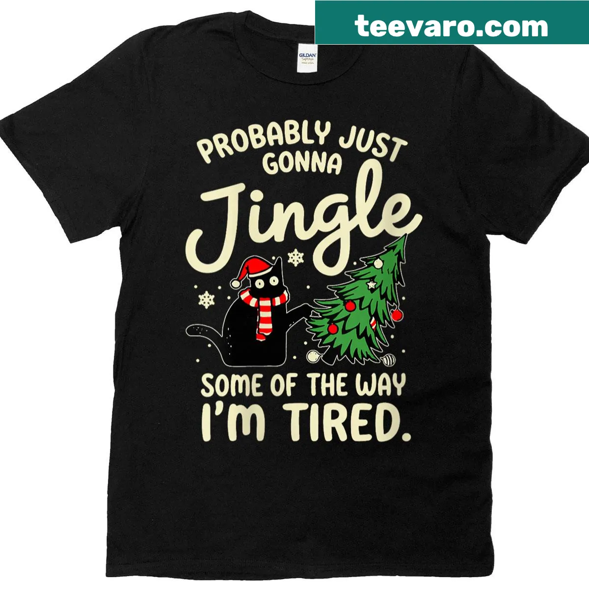 Funny Christmas t-shirt featuring a tired cat and humorous text — on a men's t-shirt