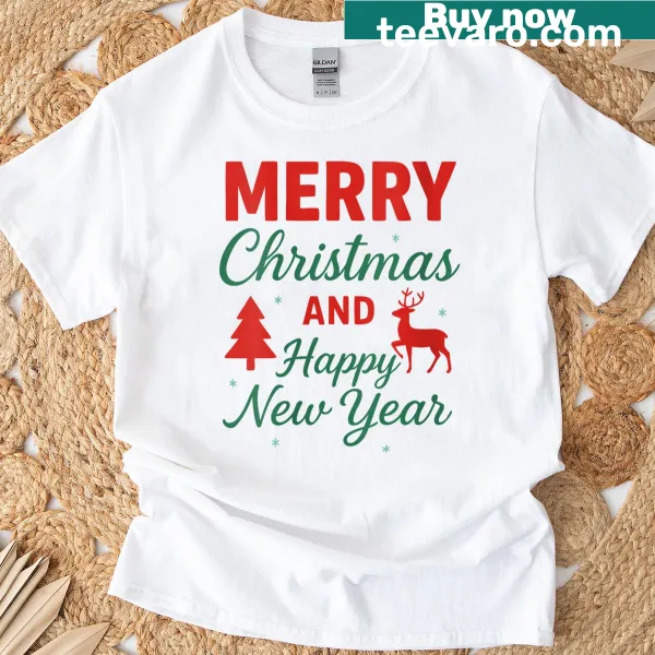 Festive tee with the phrase 'Merry Christmas And New Year'