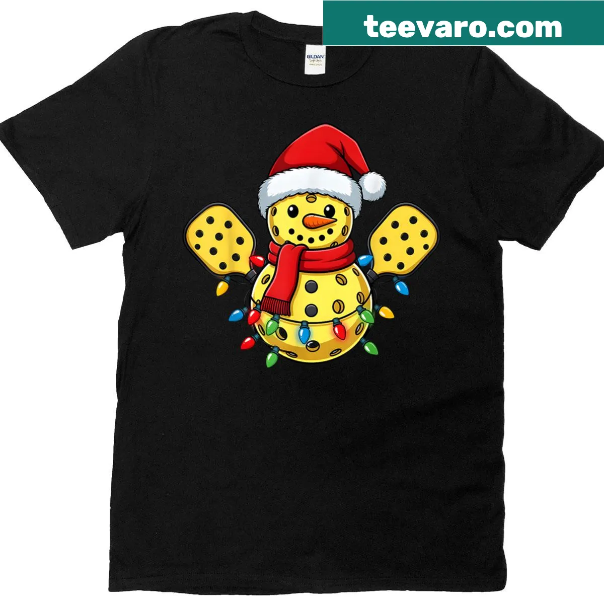 Funny snowman playing pickleball in a Christmas design — on a men's t-shirt