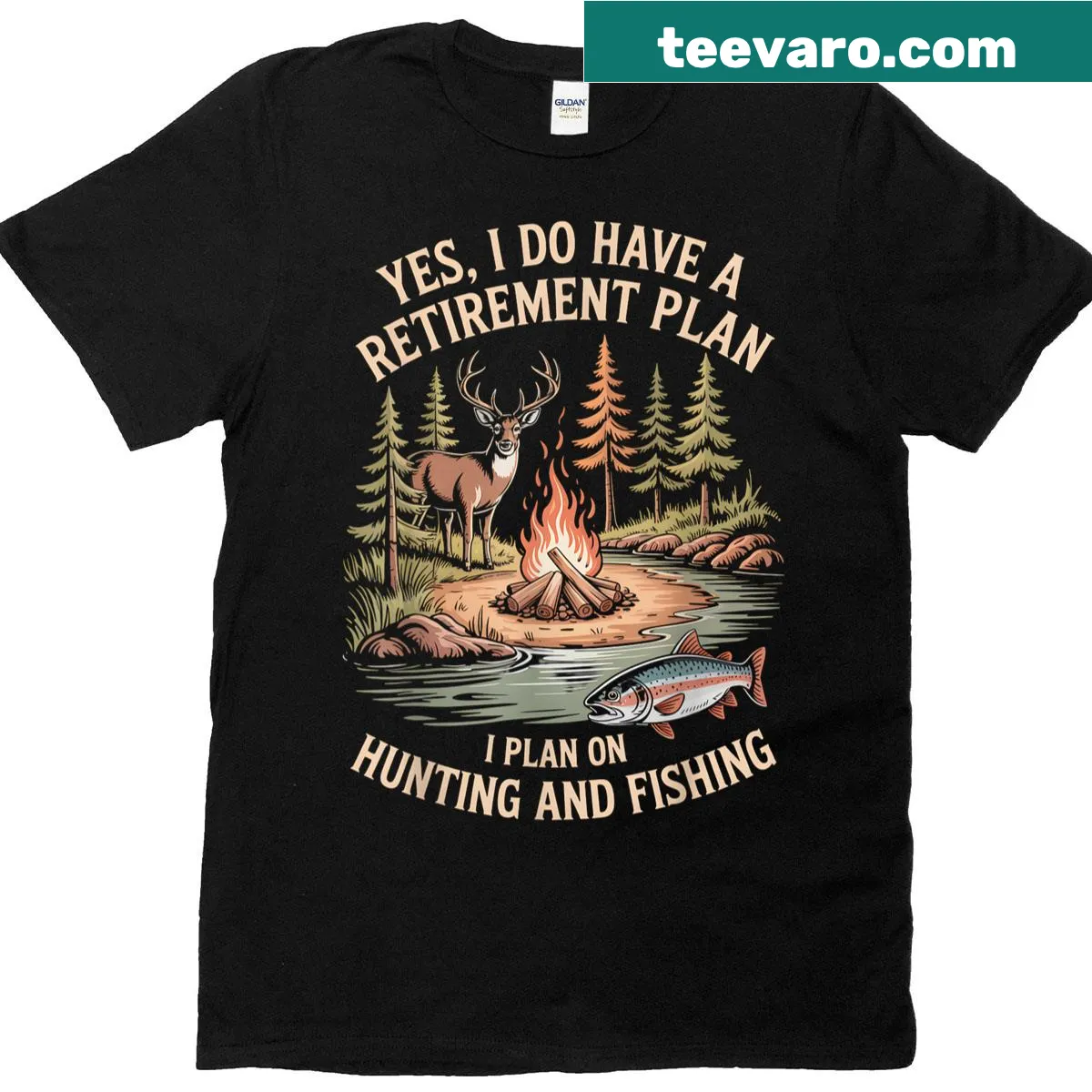 Funny text about hunting and fishing retirement plan on T-shirt — on a men's t-shirt