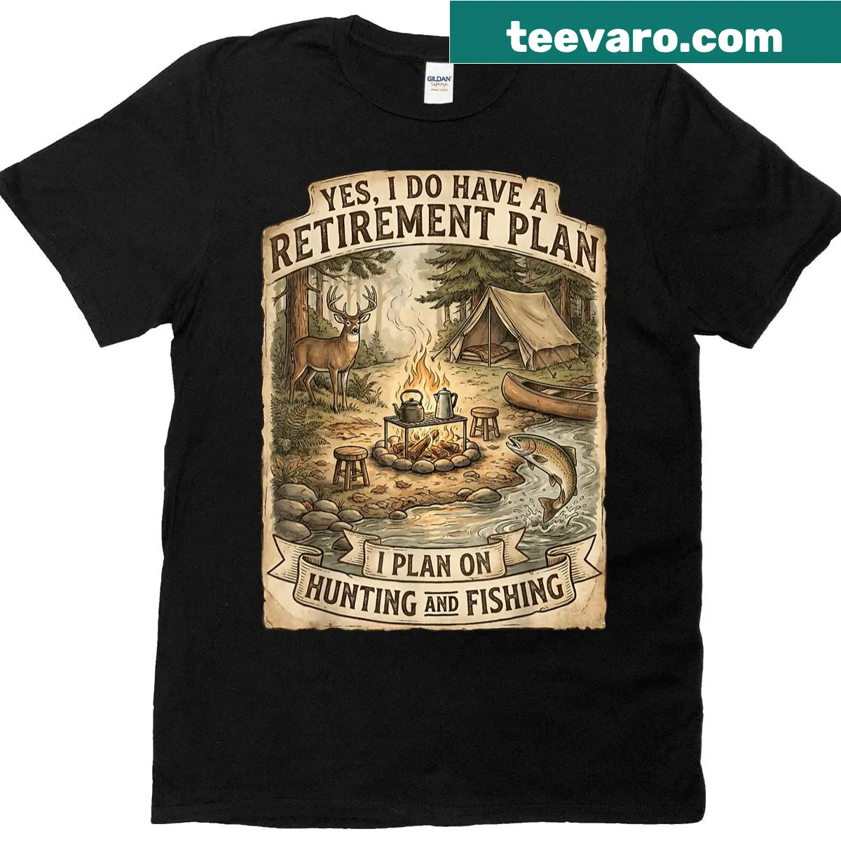 Vintage retirement plan t-shirt with hunting and fishing theme — on a men's t-shirt