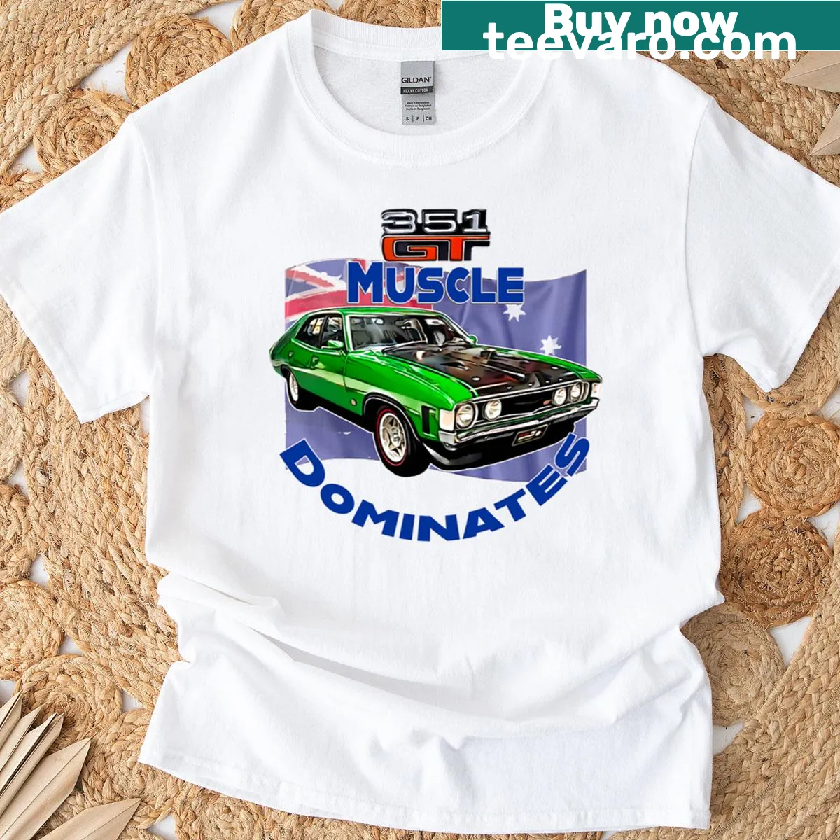 Illustration of a 351 GT muscle car on a t-shirt — on a men's t-shirt