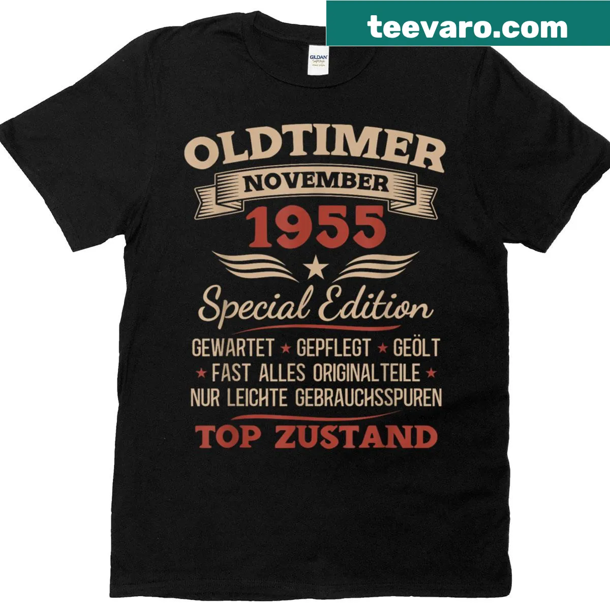Vintage 1955 car graphic T-shirt celebrating a 70th birthday — on a men's t-shirt