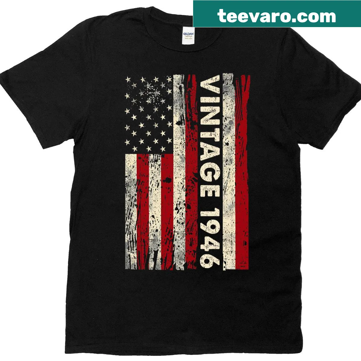 Vintage t-shirt celebrating 80 years with American flag design — on a men's t-shirt