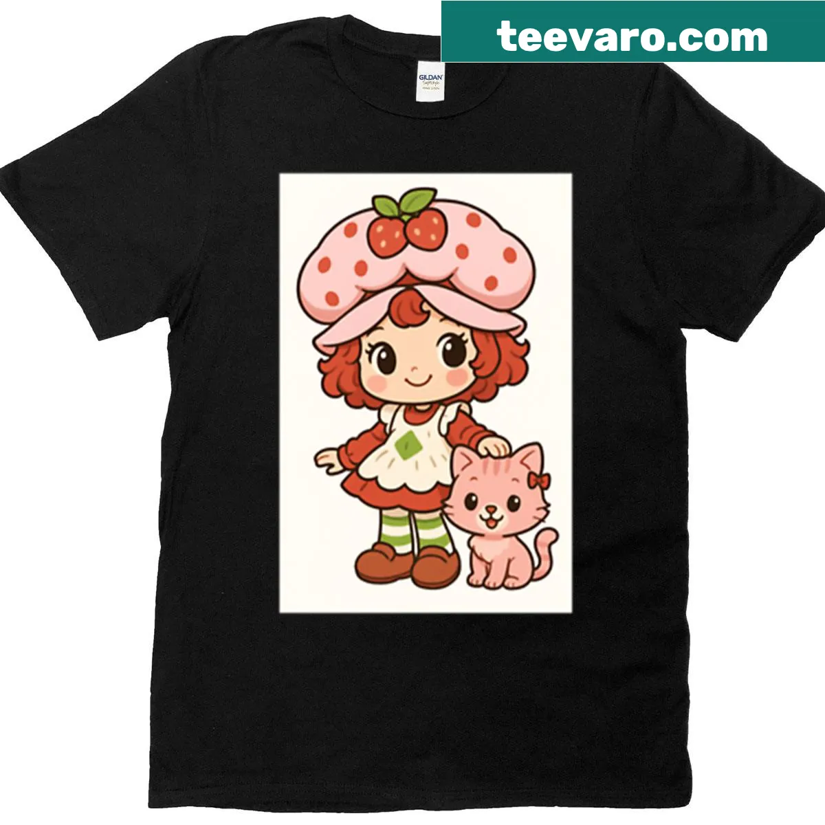 Chibi-style T-shirt featuring Strawberry Shortcake and Custard characters — on a men's t-shirt