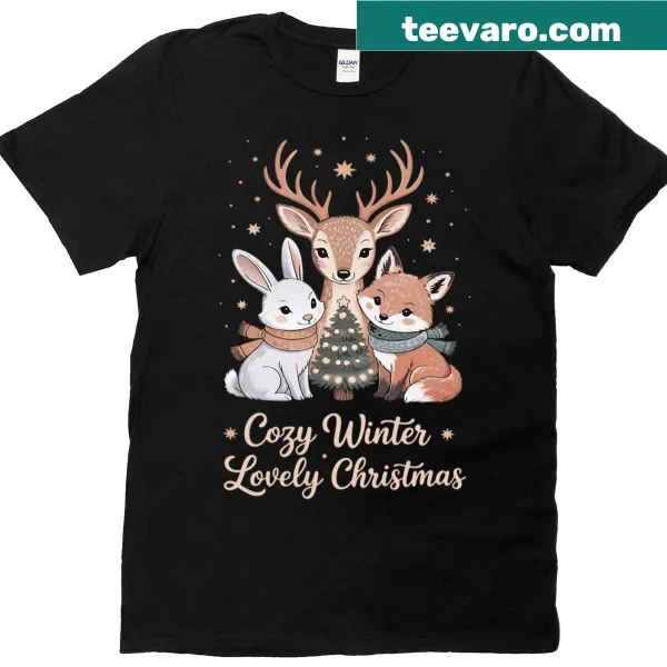 Cute Christmas T-shirt featuring animal illustrations in winter theme