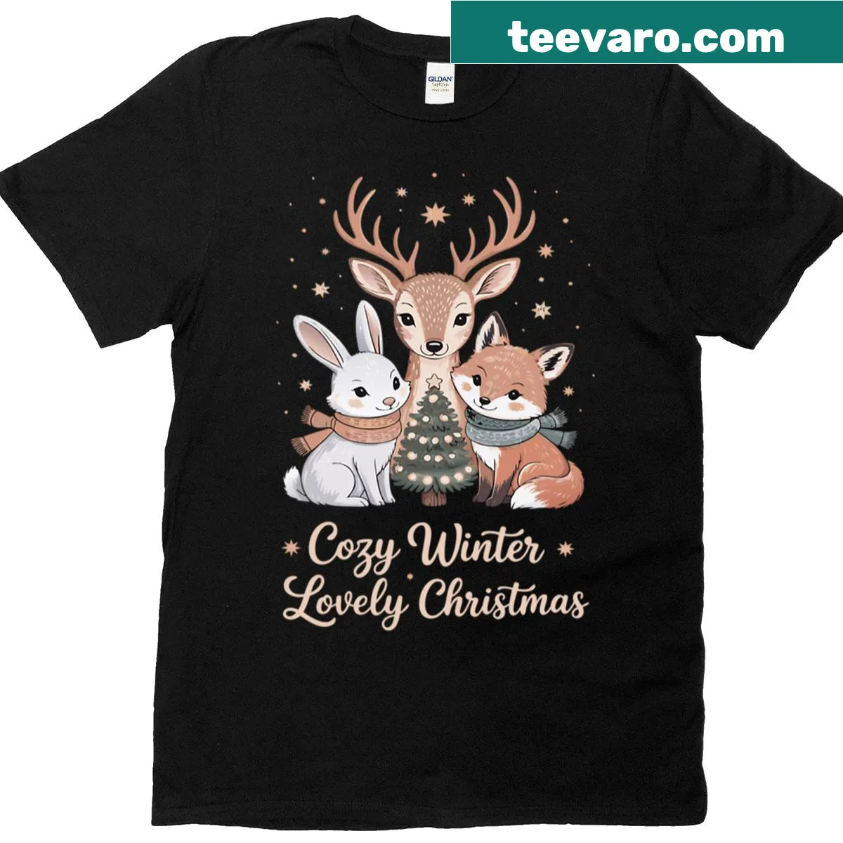 Cute Christmas T-shirt featuring animal illustrations in winter theme — on a men's t-shirt