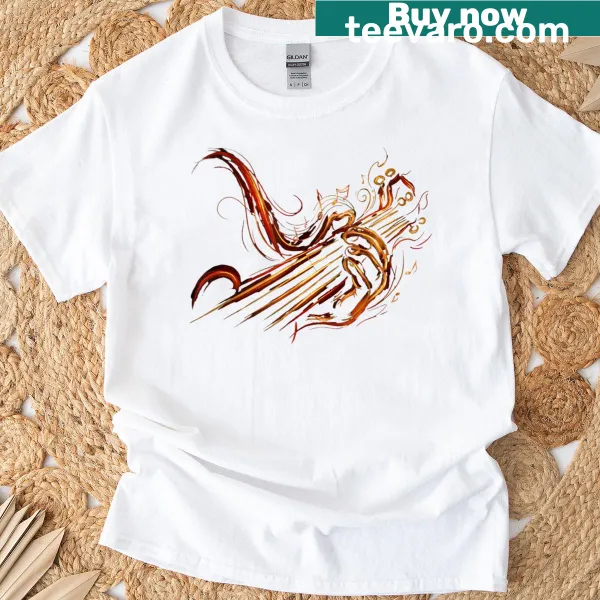 Abstract guitar art t-shirt featuring flames and a guitarist design.
