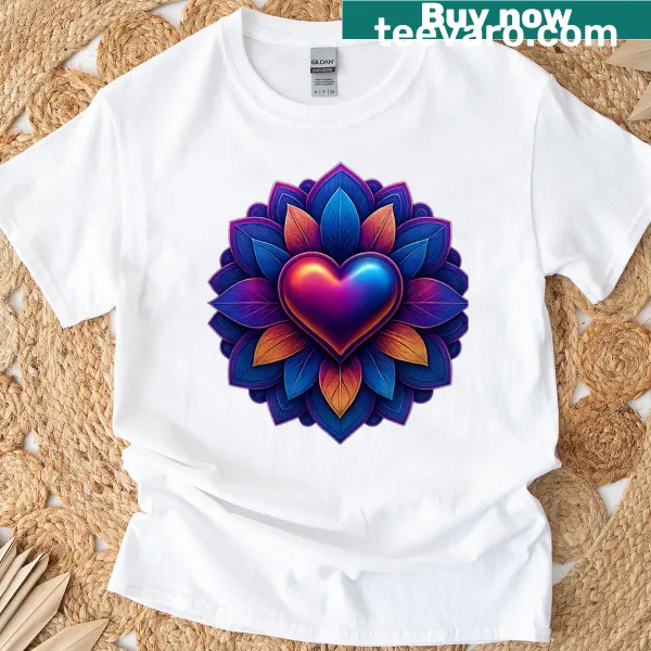 Floral heart burst design with colorful petal patterns in the center