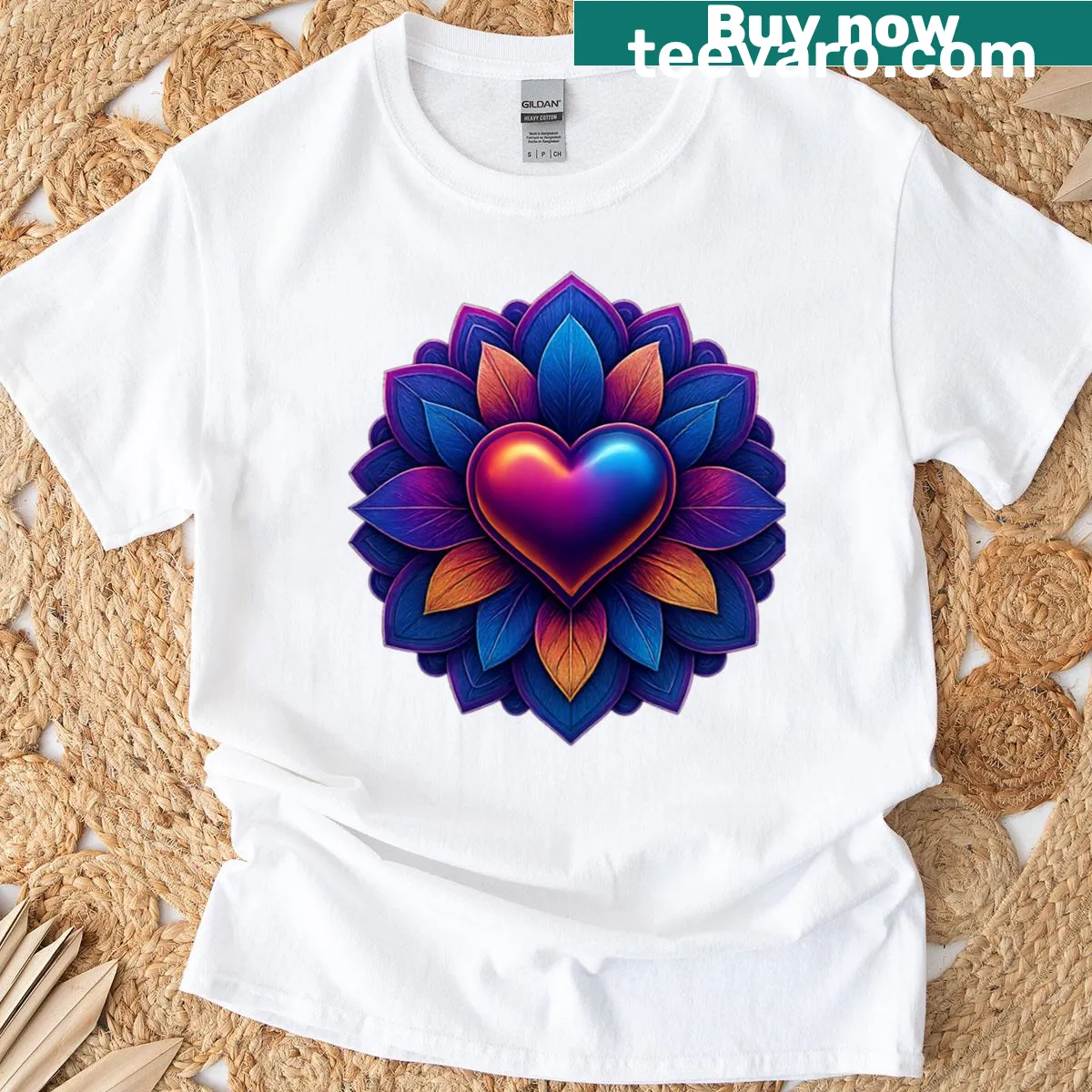 Floral heart burst design with colorful petal patterns in the center — on a men's t-shirt