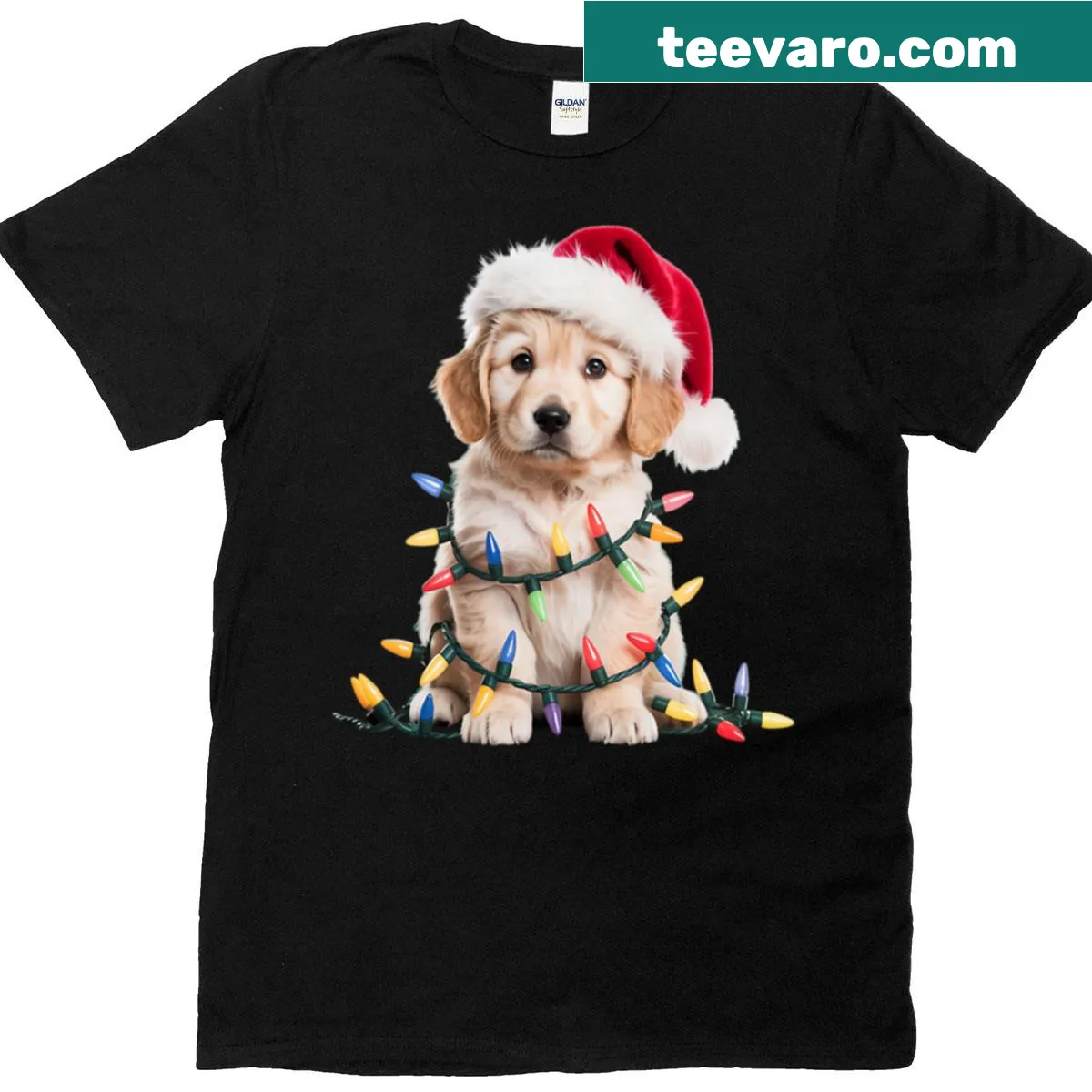 Christmas t-shirt featuring an adorable golden retriever puppy with lights — on a men's t-shirt