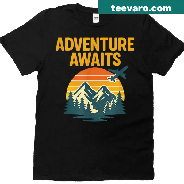 Vintage sunset graphic with 'Adventure Awaits' text