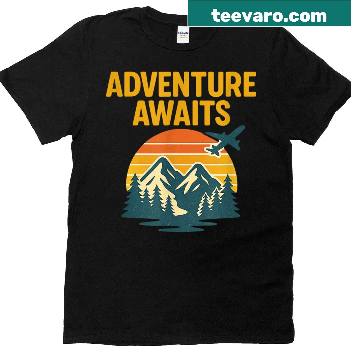 Vintage sunset graphic with 'Adventure Awaits' text — on a men's t-shirt