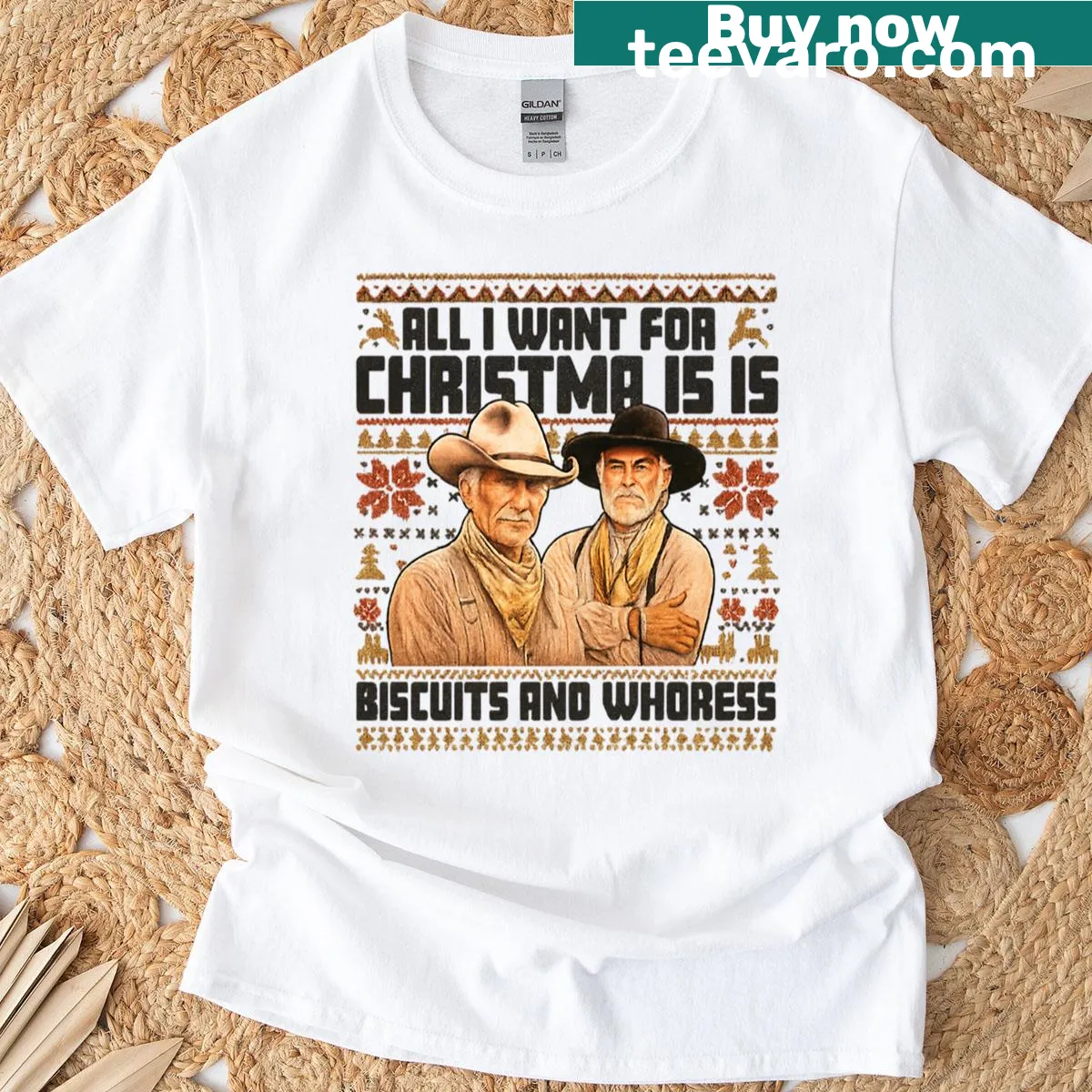 Funny Christmas quote T-shirt: 'All I Want For Christmas Is Biscuits And Whores' — on a men's t-shirt
