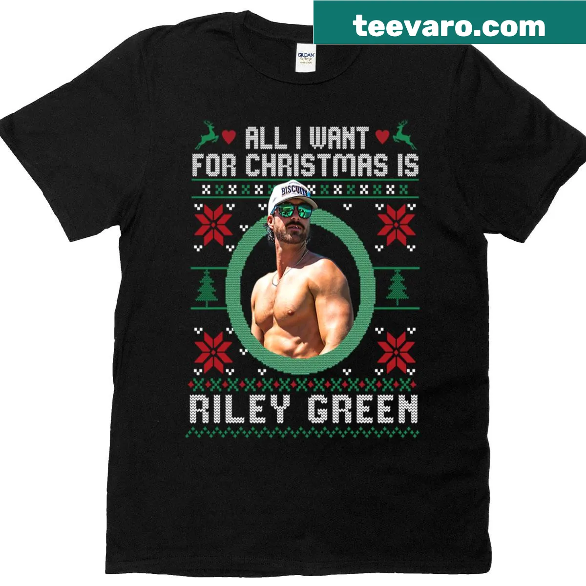 T-shirt with the phrase 'All I Want For Christmas Is Riley Green' — on a men's t-shirt