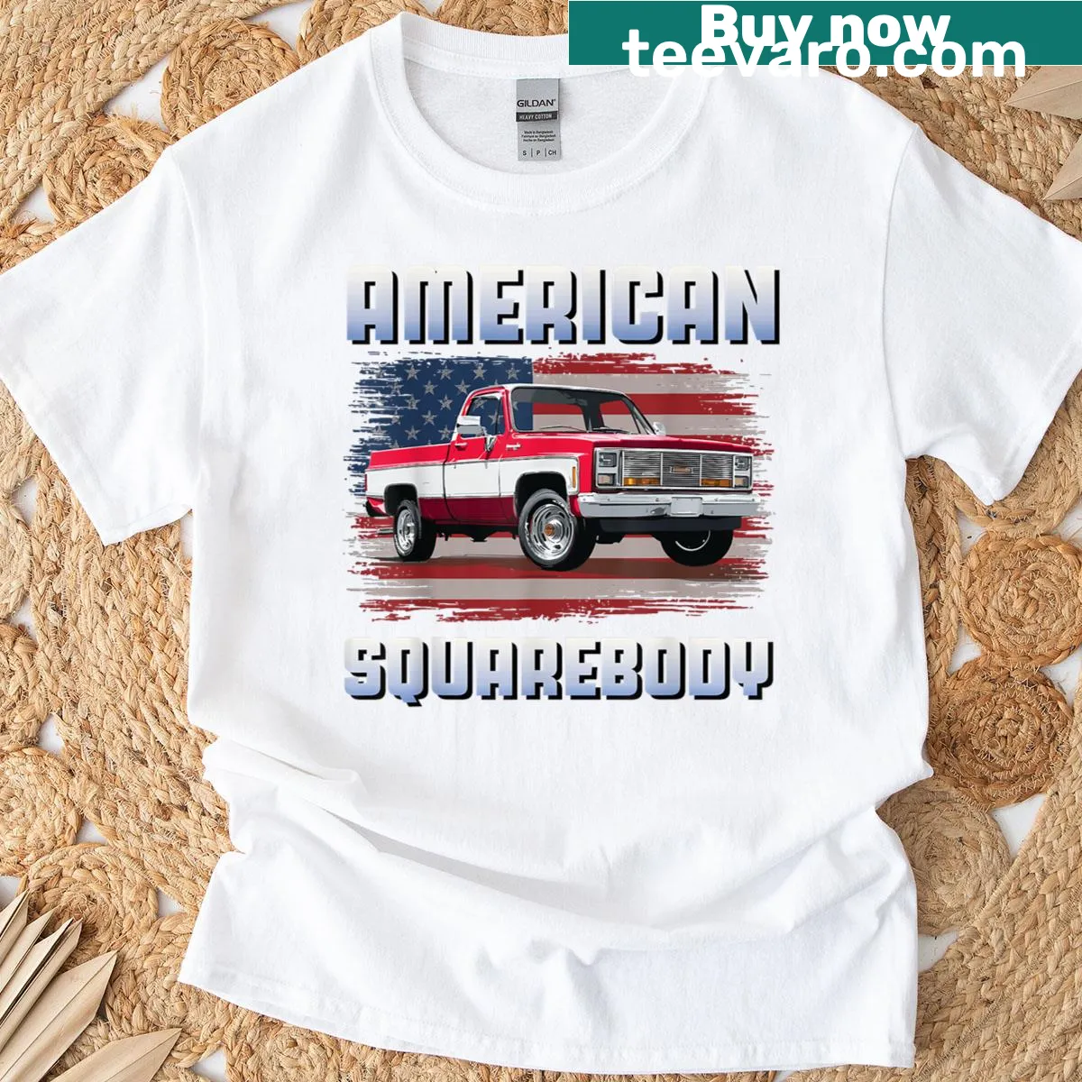 Illustrative T-shirt featuring an American Squarebody truck design — on a men's t-shirt