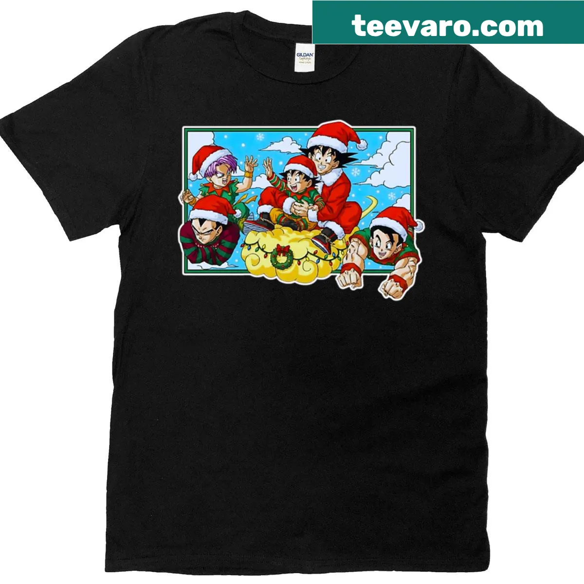 Anime-inspired festive cloud ride graphic t-shirt for Christmas — on a men's t-shirt