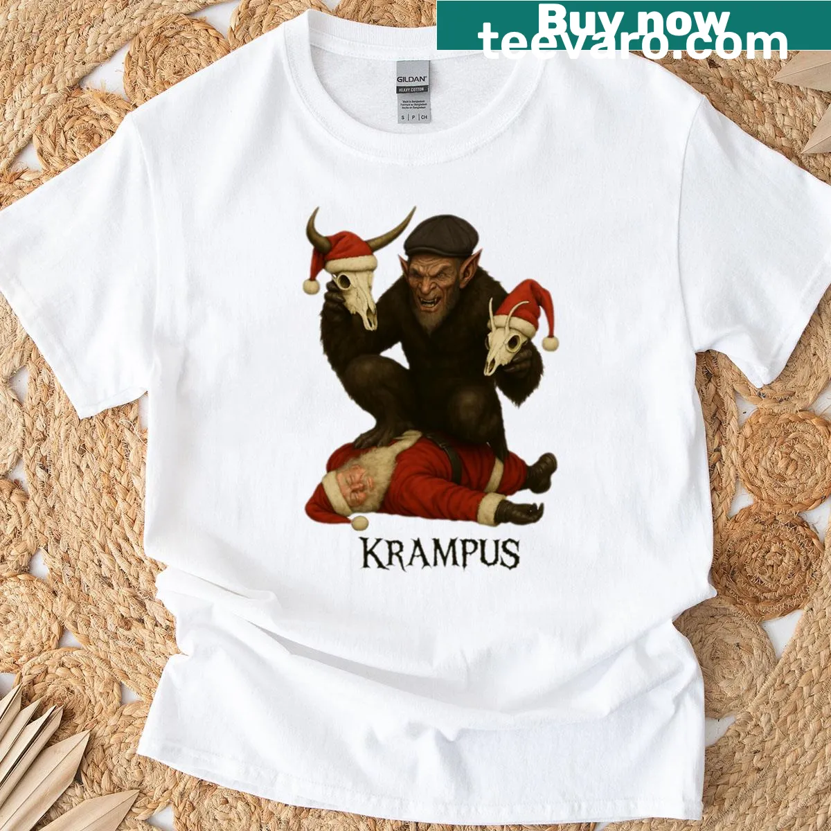 Whimsical T-shirt with Ant Ox Unbox Krampus design — on a men's t-shirt