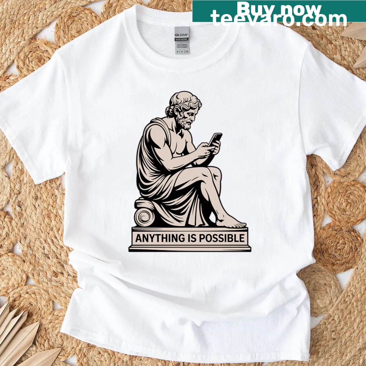 Delulu Greek statue meme t-shirt with a phone illustration — on a men's t-shirt