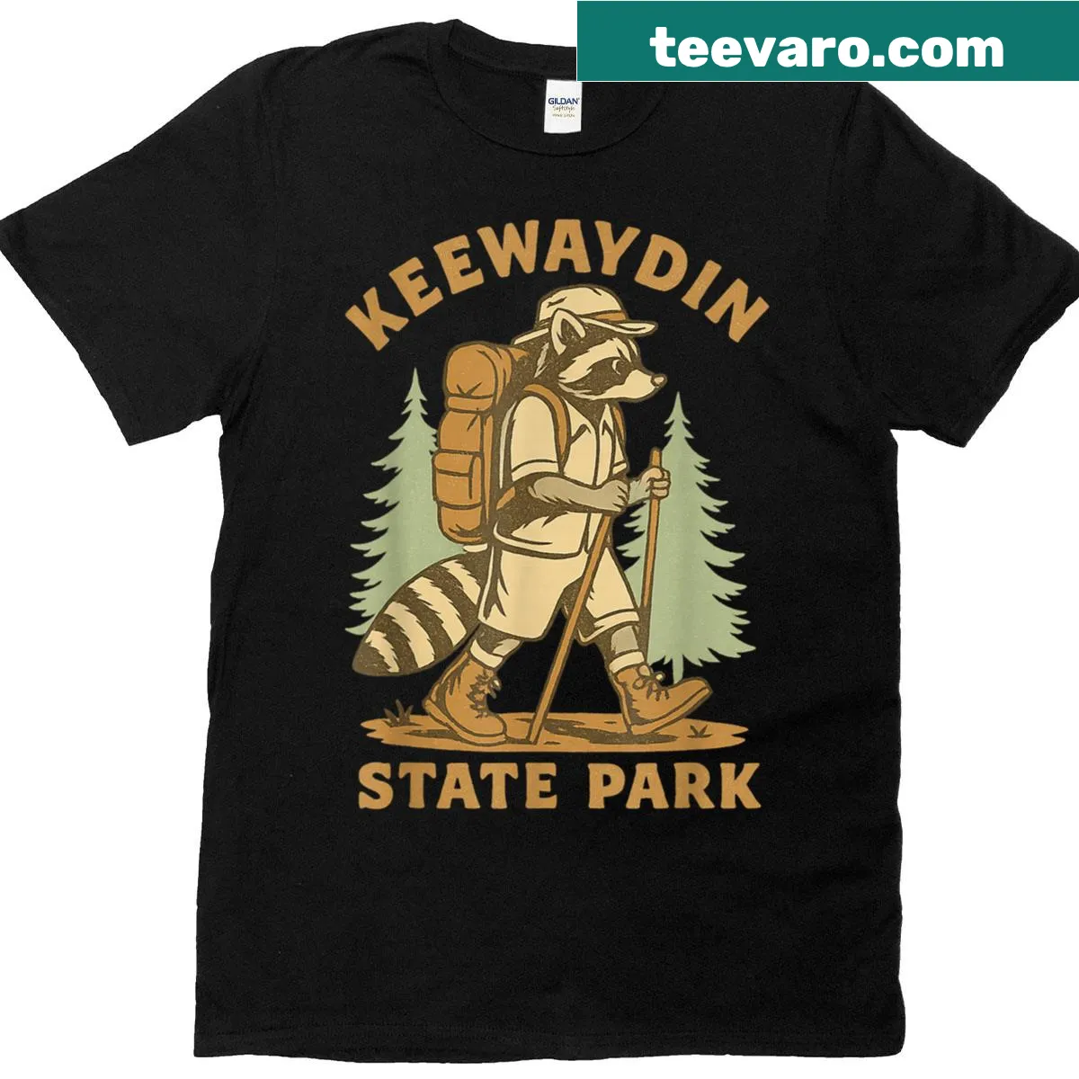 Vintage t-shirt featuring Keewaydin State Park and a raccoon design — on a men's t-shirt